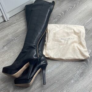 Jimmy Choo Black and Gold Over-the-Knee Boots size 37.5